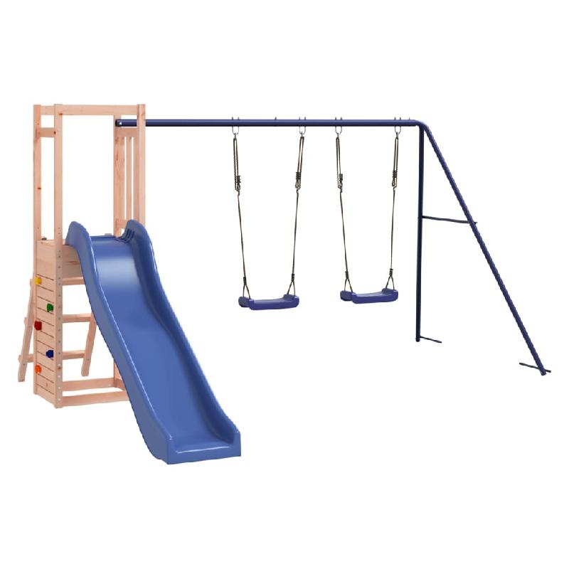 Aire de jeux extérieure en bois massif de Douglas - Balançoires, toboggan ondulé, portiques robustes - Dimensions 308 x 321 x 169 cm - Réf : 02_0004627_0