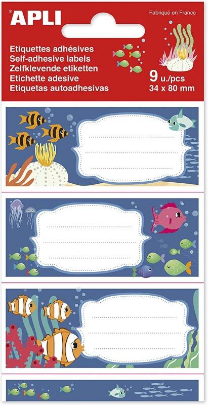 Apli Lot de 5 Pochette de 9 étiquettes scolaires fantaisies, format 36 x 81 mm, thème Fonds marins - 8410782184331_0