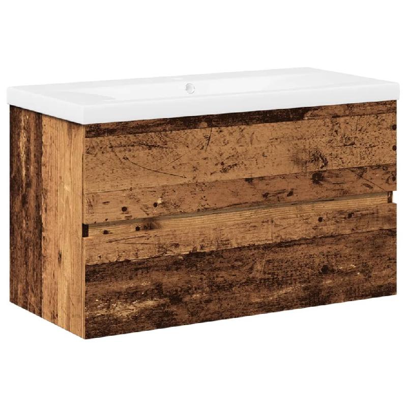 Helloshop26 - Meuble lavabo avec bassin intégré mural 80 x 38,5 x 45 cm rangement spacieux style vintage en bois vieux bois 02_0055848 - Bois massif_0
