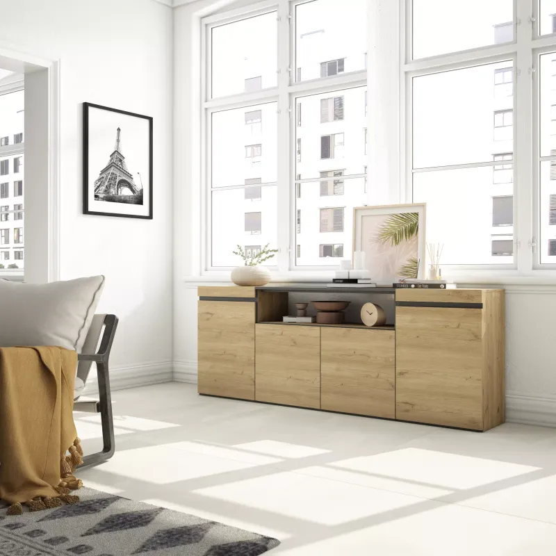 SKRAUT HOME - BUFFET SALON ET CUISINE, MEUBLE DE RANGEMENT, COMMODE, 200X35X75CM, 4 PORTES, MEUBLE à CHAUSSURES, CHêNE ET NOIR