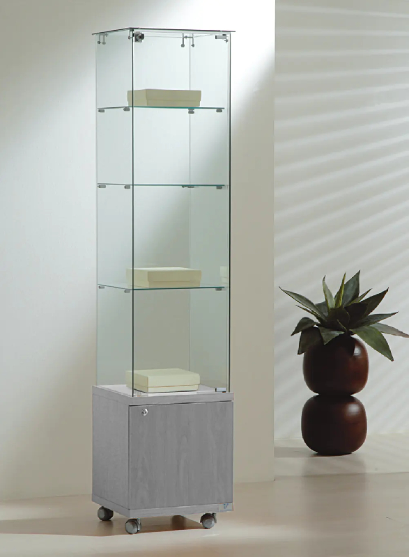 Vitrine en verre trempé avec rangement 4/18MVA - gris - 40x40x180 cm, 3 tablettes amovibles et serrure_0