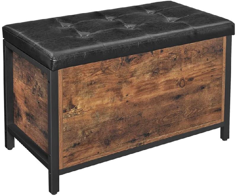 BANC DE RANGEMENT SIÈGE REMBOURRÉ BOUT DE LIT POUR COULOIR CHAMBRE SALON EN MÉTAL MONTAGE FACILE STYLE INDUSTRIEL 80 X 40 X 50 CM PU NOIR MARRON RUSTIQUE 12_0000238_0