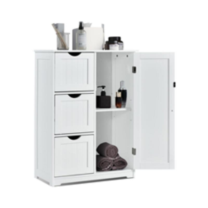 COSTWAY Meuble salle de bain, 3 tiroirs +1 porte, étagère réglable 3 positions, meuble appoint étroit salle de bain‑salon, blanc - blanc Bois ma_0