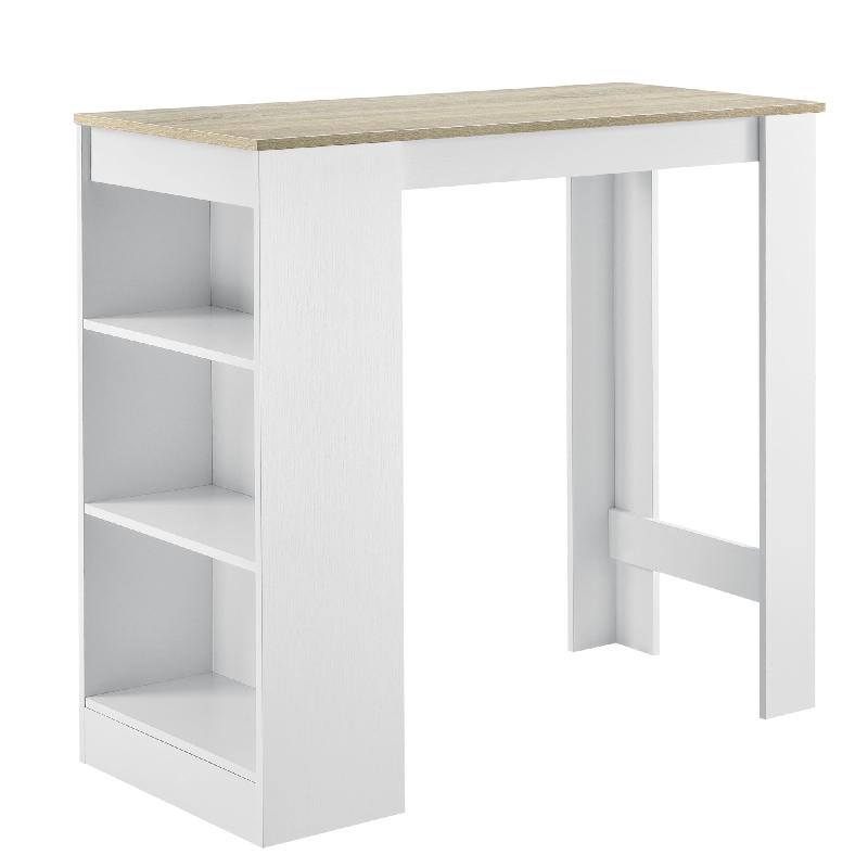 Table de bar haute avec rangement - Table bistrot 110 cm - Blanc et effet chêne - 03_0006188_0