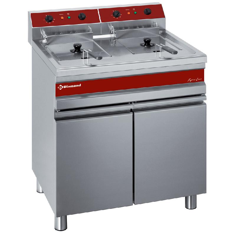 Friteuse électrique 2 cuves de 14 litres sur armoire - Acier inox AISI 304 - Thermostat de 100°C à 190°C - Référence F14_14E/M_0