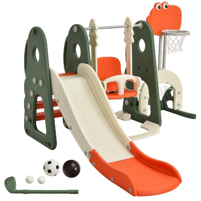 Toboggan 6-en-1 en HDPE orange - Balançoire, basket-ball, football, escalade, golf - Aire de jeux intérieure pour enfants 18 mois+ - Ref : 20_0006044_0