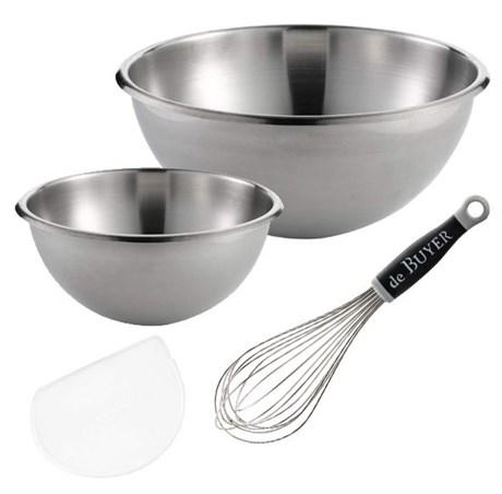 2 BASSINE CULS DE POULE 24/30 CM + 1 FOUET + 1 CORNE À PÂTISSERIE