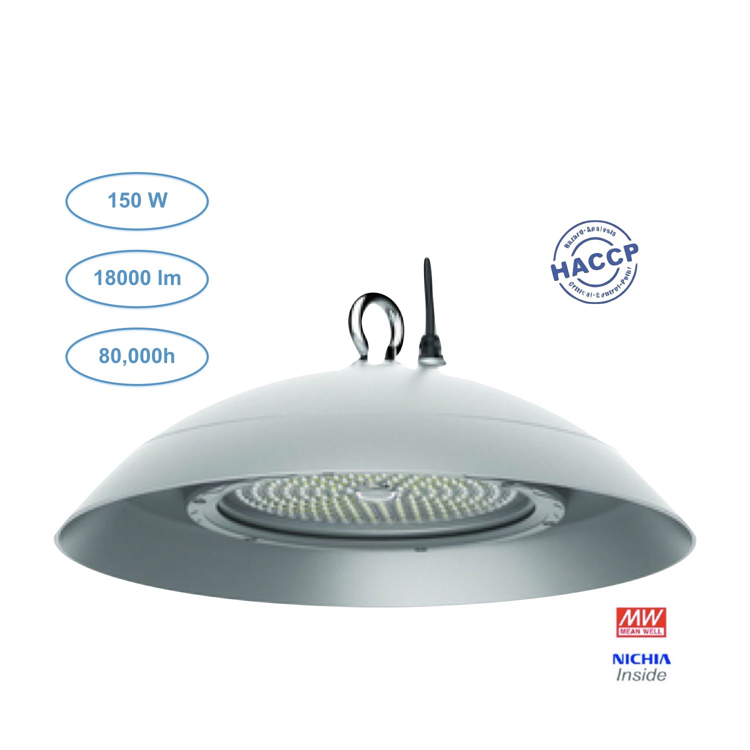 Éclairage grande hauteur - Environnement alimentaire - 150W - 18000lm - IP66 - Durée de vie 80,000h_0