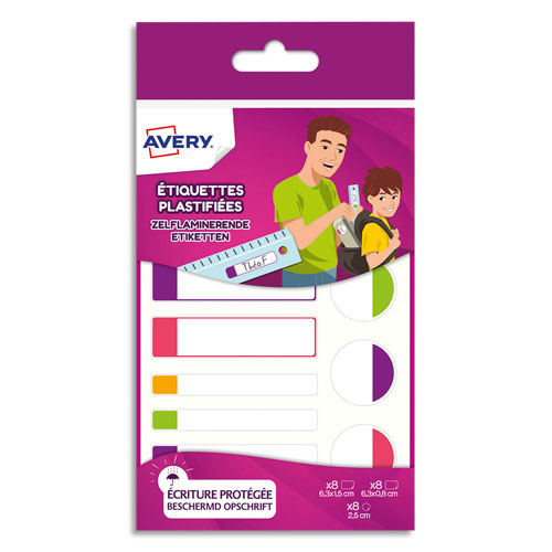 ETIQUETTES PLASTIFIEES AVERY - 3 FORMATS ASSORTIS - COLORIS ASSOTIS FLUORESCENTS - BOÎTE DE 24