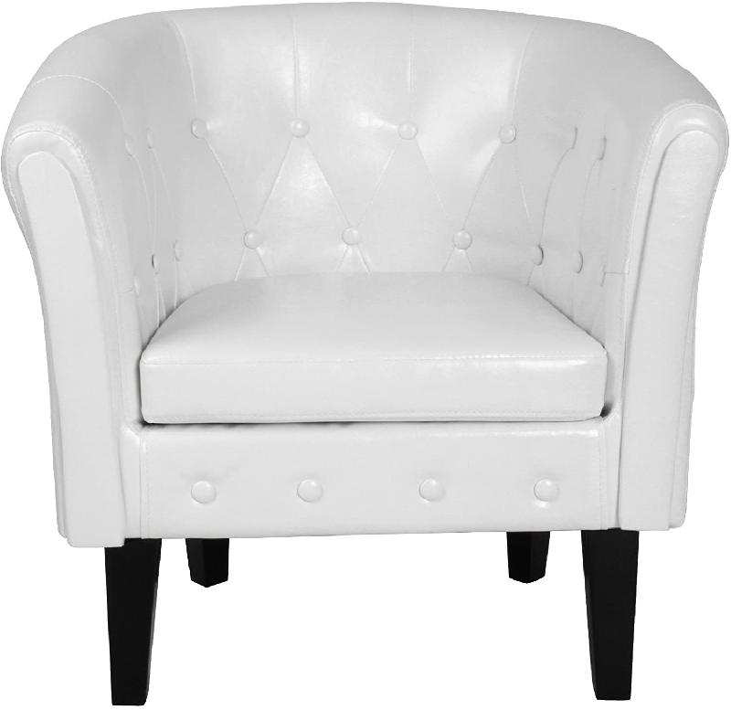 Fauteuil Chesterfield en synthétique et bois - éléments décoratifs touffetés - chaise cabriolet - meuble de salon blanc - 01_0000105_0