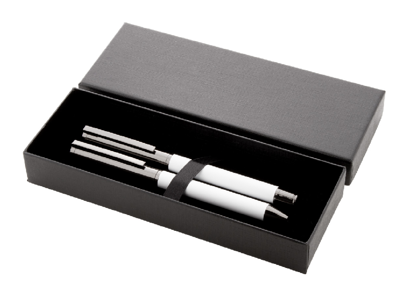 Parure stylos en métal - Stylo à bille et roller avec étui boîte cadeau en papier noir - Encre bleue_0