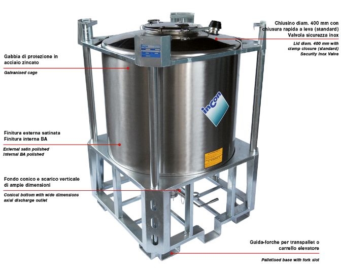 Série UN PFCI - Réservoir de stockage industriel - Inox - Base palettisée avec guide fourches - Fond conique 30° - Soupape de sécurité double effet_0