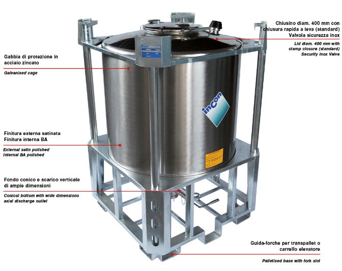 Serie un pfci - réservoir de stockage industriel - incon - base palettisée avec guide fourches - fond conique 30°_0