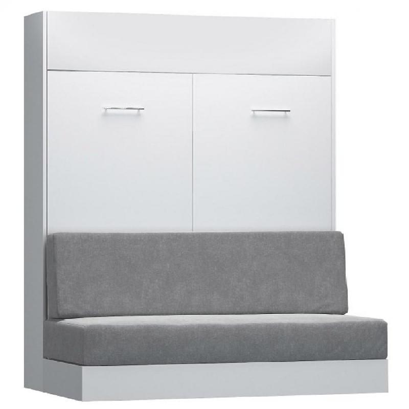 ARMOIRE LIT ESCAMOTABLE DYNAMO SOFA CANAPÉ INTÉGRÉ BLANC MAT ET MICROFIBRE GRIS COUCHAGE 160*200_0