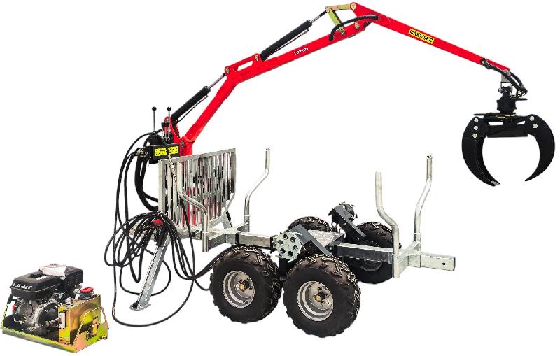 Remorque à bois forestière double essieux avec assistance à la traction 1500 kg et grue hydraulique 3,4m - Moteur essence 9ch Torros AHR1505HWG_0