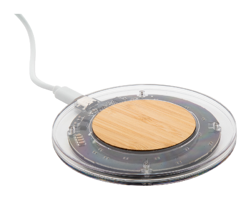 Chargeur rapide sans fil 15W - boîtier transparent en plastique et bambou avec composants visibles_0