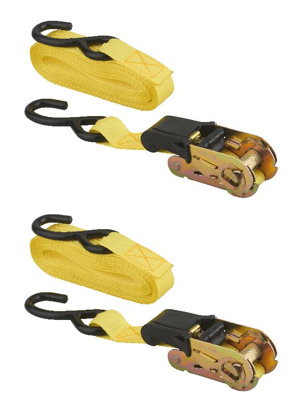 Set de 2 sangles d'arrimage à cliquet 25mm x 5,00m - Crochets S - Jaune - Réf. 00290612 - Marque Thirard_0