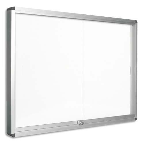 Pergamy - Vitrine d'intérieur fond magnétique laqué blanc, portes coulissantes en verre trempé, cadre alu - Capacité 15 feuilles A4_0