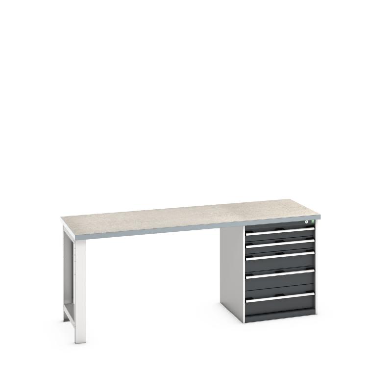Établi Standard Cubio Lino - 5 tiroirs - 2000x750x840mm - Pieds en acier et plateau lino 40mm_0