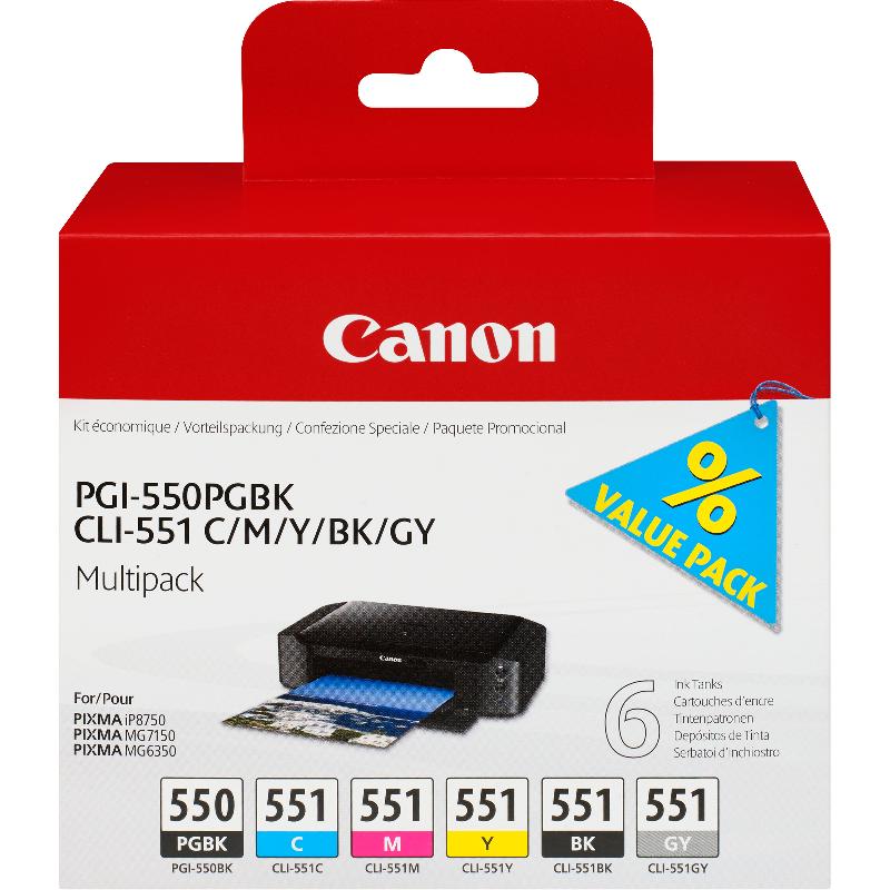 Canon Multipack de 6 cartouches d'encre PGI-550/CLI-551 PGBK/C/M/Y/BK/GY_0