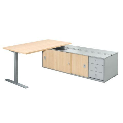 BUREAU OPTYMA L 160 X P 80 CM AVEC RETOUR SUR CONSOLE L 181,5 X P 66 CM ET CAISSON INTÉGRÉ PLATEAU CHÊNE CLAIR PIÈTEMENT T MÉTAL ALUMINIUM