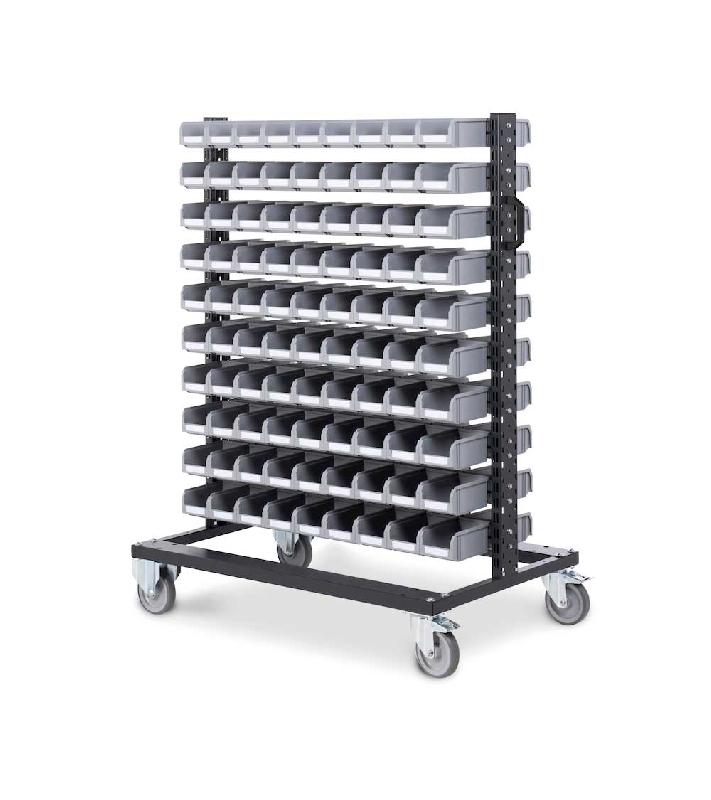 Chariot porte-bacs avec 180 bacs gris en plastique de 1 litre - structure métallique et roulettes_0