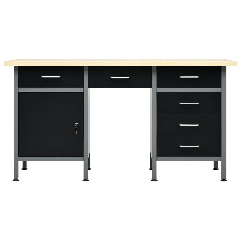 Établi noir 160 cm avec 6 tiroirs en acier - Table de travail robuste pour bricolage et outils - Gris et noir - Réf : 02_0003679_0
