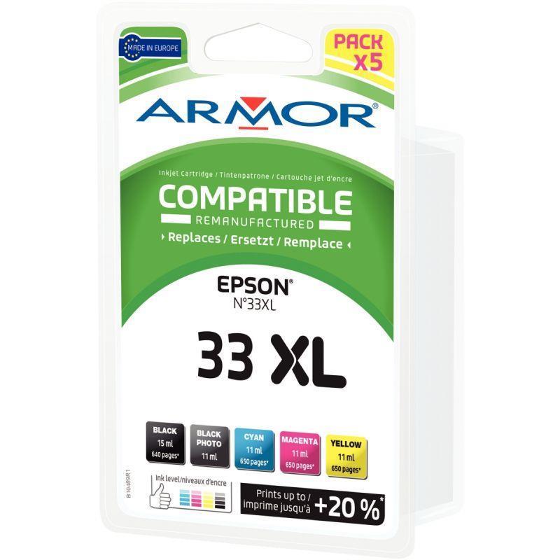 Pack de 5 cartouches encre compatible à la marque Epson T335740 noir noir photos cyan magenta et jaune_0