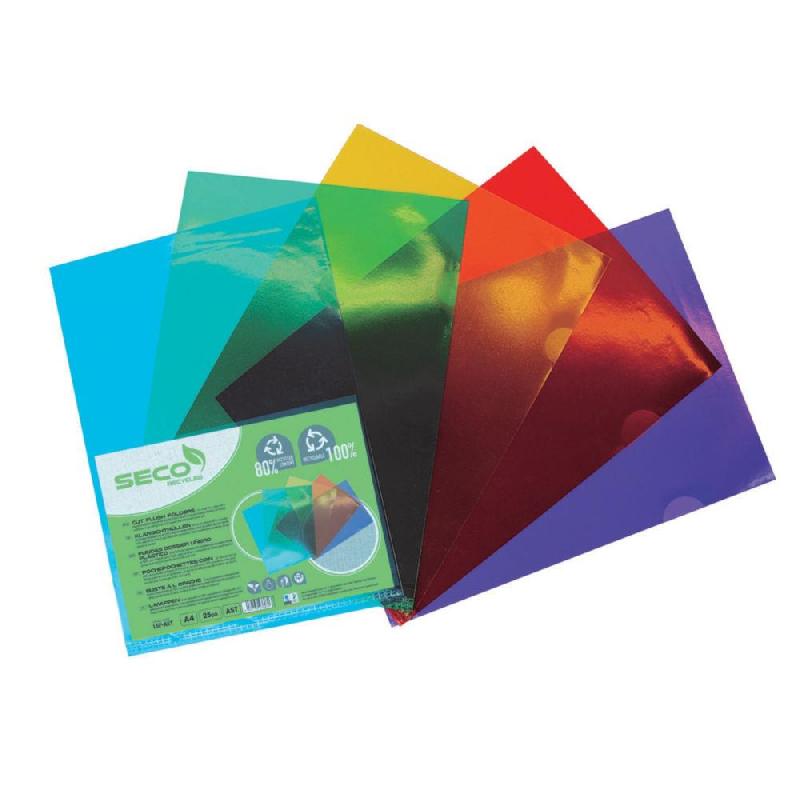 POCHETTES COINS SECO A4 EN POLYPROPYLENE 12/100° GRAINE - COLORIS ASSORTIS - PAQUET DE 25