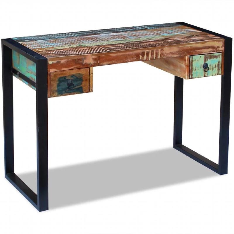 Bureau en bois de récupération massif - Style rétro avec 2 tiroirs - 110x50x77 cm_0