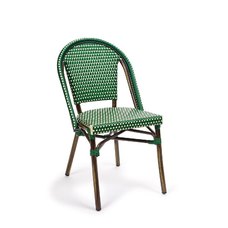 Chaise de terrasse parisienne - Tressage vert et crème - Aluminium couleur noyer - Empilable_0