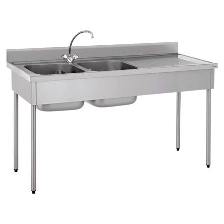 Plonge - Bloc-éviers inox avec 2 bacs 400x500x320 mm, 1 égouttoir à droite, adossée - Dimensions 1600x700x900 mm - Sans étagère_0