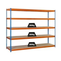 PROREGAL Étagère pour charges lourdes WOOD BEAST FIVE | HxLxP 200x210x60cm | 5 niveaux | Charge du compartiment 500kg | Bleu-Orange - bleu métal PR_0