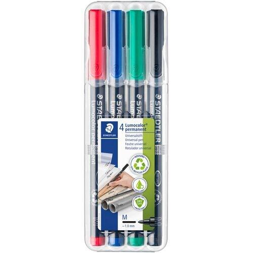 Staedtler Lumocolor 317, Feutres permanents à pointe moyenne pour toutes les surfaces, Sans xylène ni toluène, Set de 4 couleurs lumineuses, Pointe_0