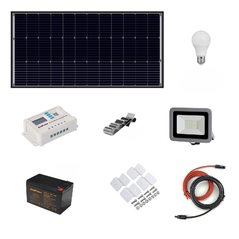 Alcapower Kit Îlot Photovoltaïque 110W Kit Avec Panneau Solaire, Contrôleur De Charge, Projecteur Et Accessoires D'Installation - noir 0803173016225_0