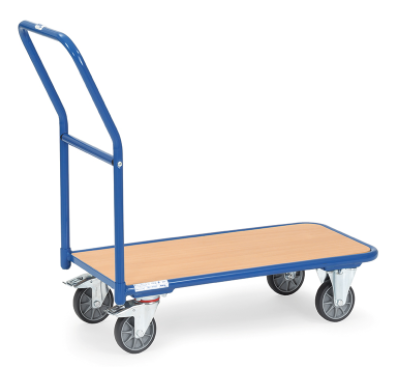 Chariot de magasin - charge 250 kg - plateforme mélaminé effet hêtre - roues pivotantes TPE avec freins - norme EN 1757-3_0