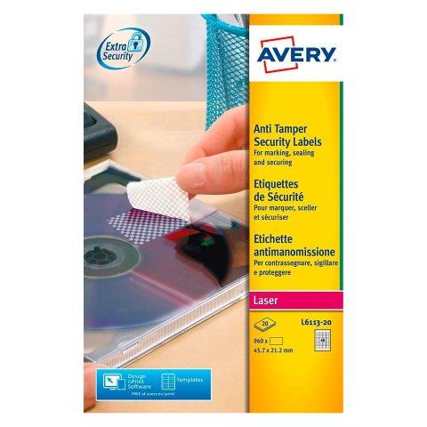 ETIQUETTE DE SÉCURITÉ LASER 45,7 X 21,2 MM AVERY L6113-20 BLANCHE - POCHETTE DE 960