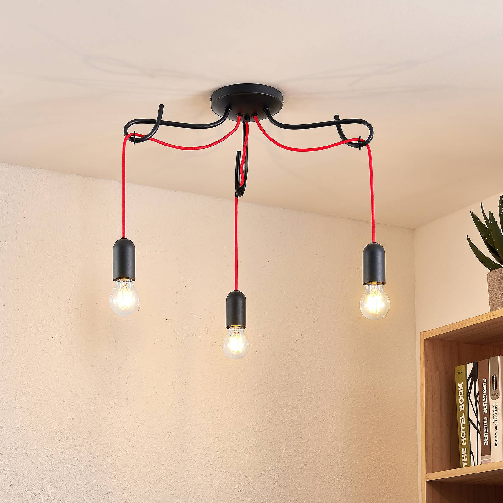 LUCANDE JORNA PLAFONNIER, 3 LAMPES, CÂBLE ROUGE