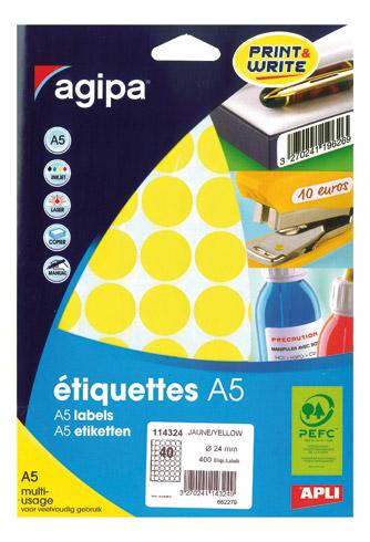 PASTILLE ADHÉSIVE Ø 24 MM AGIPA 114324 JAUNE - BOÎTE DE 400