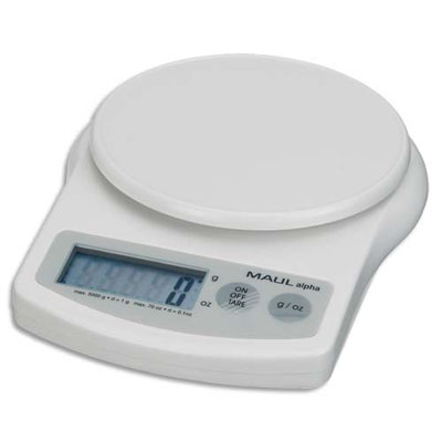 PESE-LETTRE ALPHA A PILE PLASTIQUE - PORTEE 5 KG - PLATEAU DIAM. 12 CM - 13,7 X 3,6 X 18,8 CM - BLANC