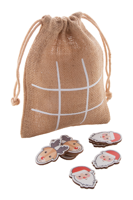 Jeu de morpions de Noël en contreplaqué de bouleau - Père Noël et renne avec jetons et pochette en jute_0
