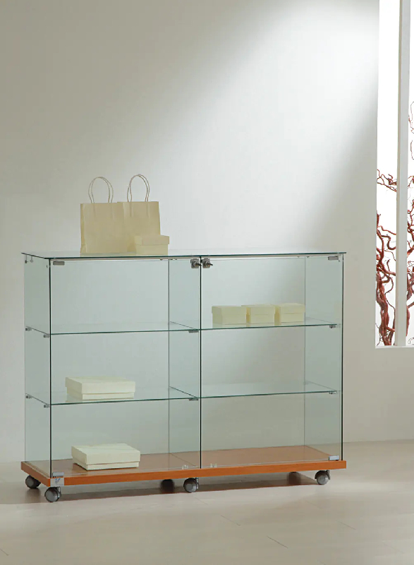 Vitrine basse large en verre 12/90VA - finition cerisier - 4 tablettes amovibles et serrure_0