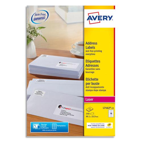 Avery - Boîte de 240 étiquettes adresse/expédition - Laser blanche 99,1x33,9mm - L7162-15 - Alignement ultragrip et qualité premium_0