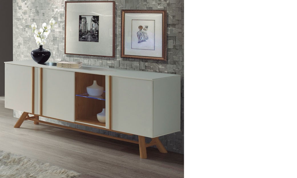 Buffet scandinave blanc laqué et pin OTRA - 3 portes, 2 niches avec éclairage LED intégré - L 200 x P 43 x H 80 cm - Fabrication espagnole_0