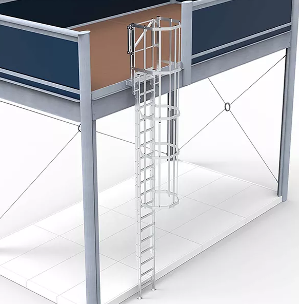 Échelle à crinoline sortie frontale - Sans fixation intermédiaire - Hauteur à franchir de 1.70 à 8.00m - Aluminium conforme NF E85-016 et EN ISO 14122-4_0