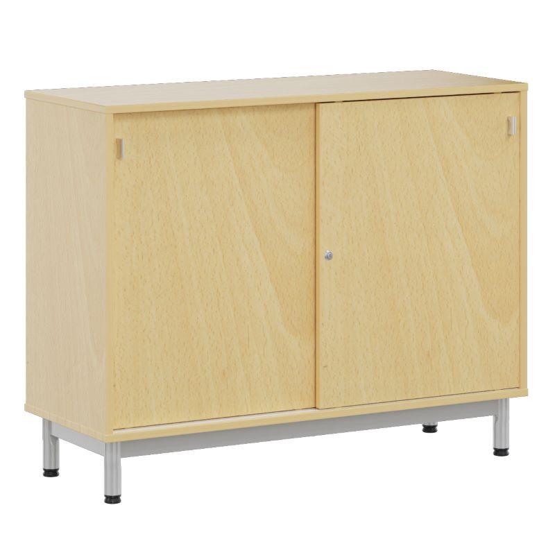 Meuble bas pour salle de classe - 2 portes coulissantes, 4 étagères réglables, coloris hêtre miel_0