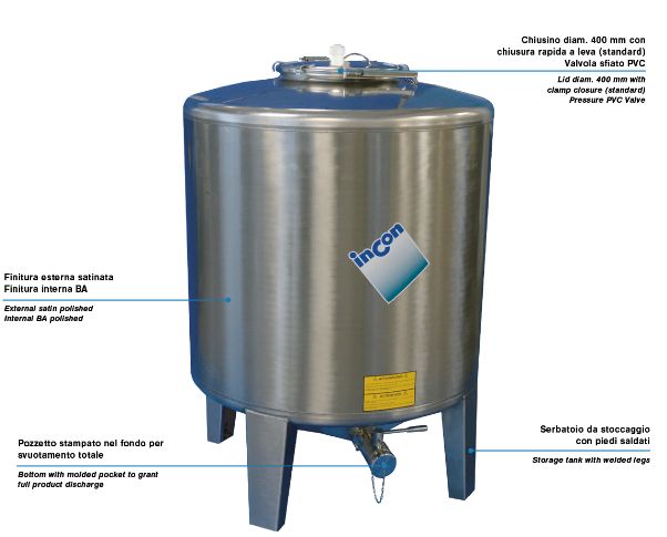 Minitank MTL - Réservoir de stockage industriel - Inox - Puissard moulé sur le fond - Pieds inox soudés_0