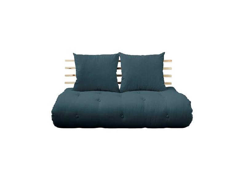 CANAPÉ LIT FUTON SHIN SANO BLEU PÉTROLE ET PIN MASSIF COUCHAGE 140*200 CM._0