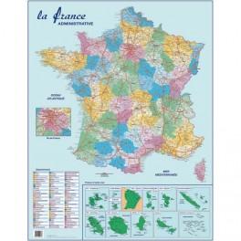 CARTE FRANCE ADMINISTRATIVE, ROUTIÈRE ET DOM-TOM MURALE- PÉLLICULÉE 66X84,5CM - 4 OEILLETS POUR SUSPENSION