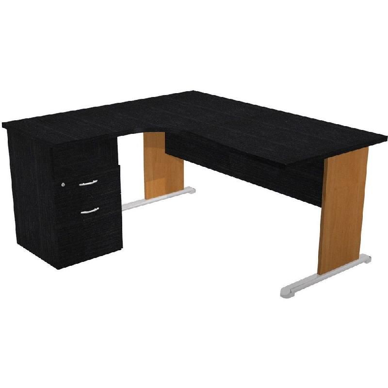 PACK PRONTO : 1 BUREAU COMPACT RETOUR À GAUCHE AULNE PIEDS NOIR + 1 CAISSON HAUTEUR BUREAU PROF. 60 CM